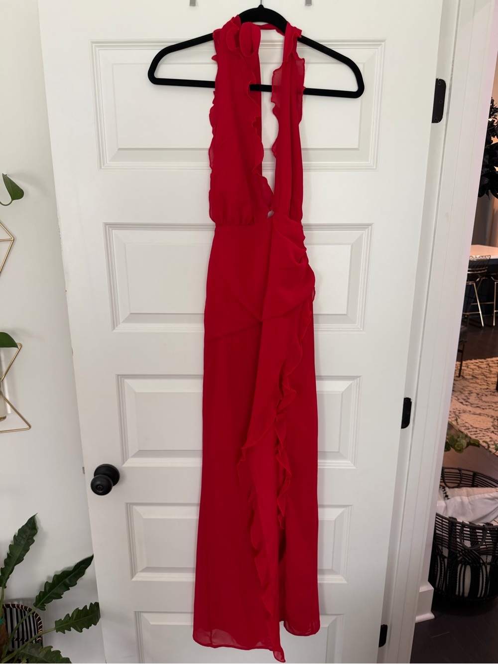 Revolve Estrella Red Halter Maxi Dress with Scalloped Plunge - Picture 2 of 2